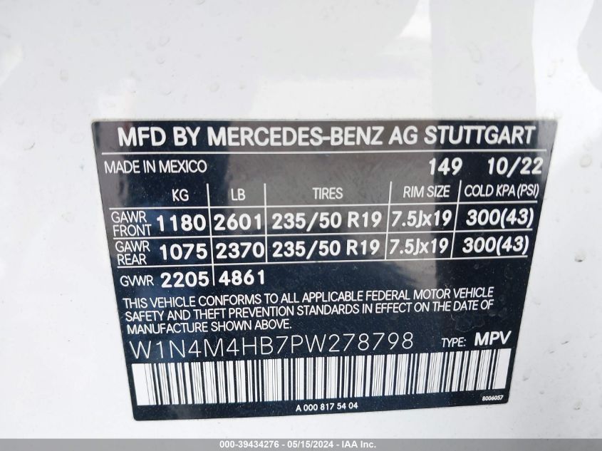 2023 Mercedes-Benz Glb 250 4Matic VIN: W1N4M4HB7PW278798 Lot: 39434276