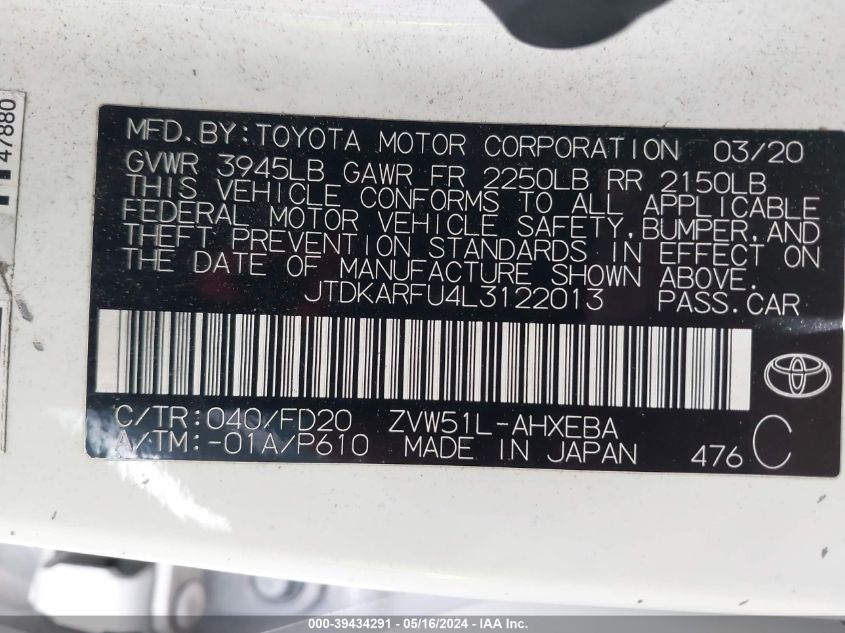 2020 Toyota Prius Le VIN: JTDKARFU4L3122013 Lot: 39434291