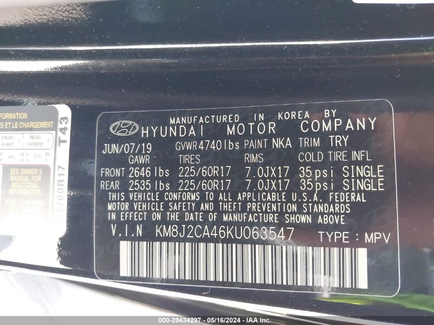 2019 Hyundai Tucson Se VIN: KM8J2CA46KU063547 Lot: 39434297