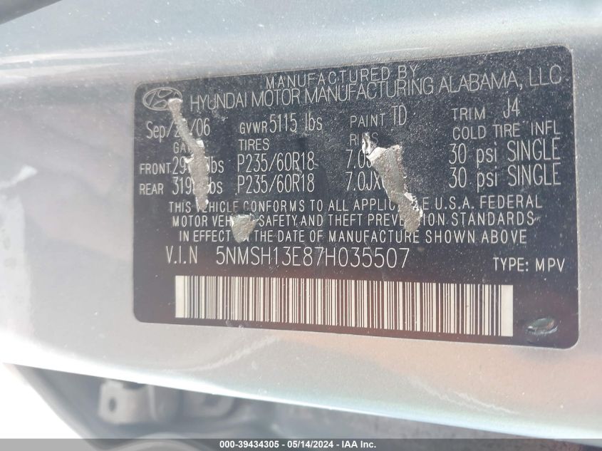 2007 Hyundai Santa Fe Limited/Se VIN: 5NMSH13E87H035507 Lot: 39434305