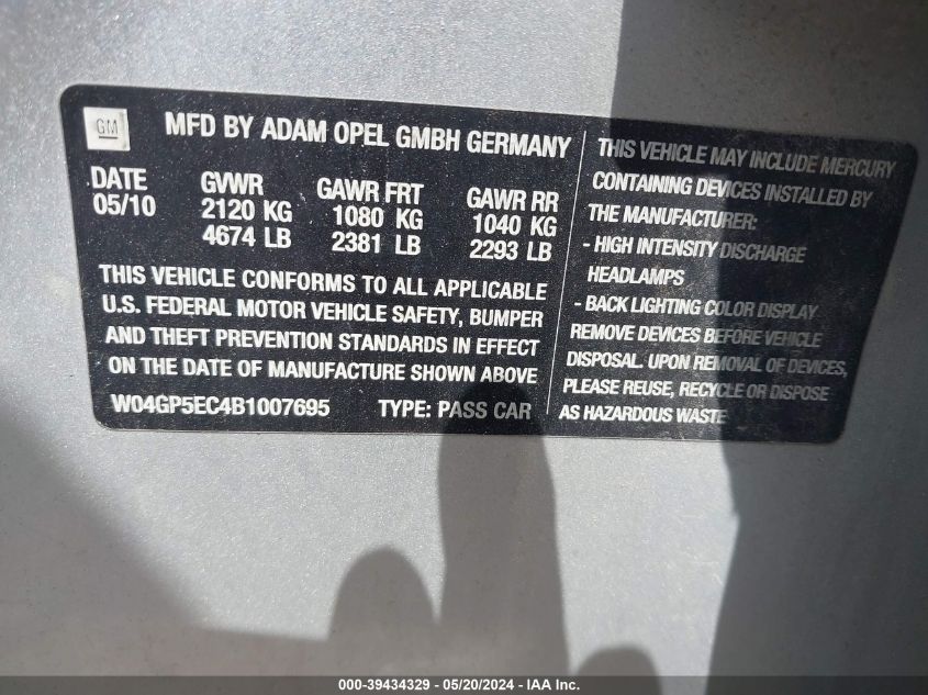 2011 Buick Regal Cxl Russelsheim VIN: W04GP5EC4B1007695 Lot: 39434329