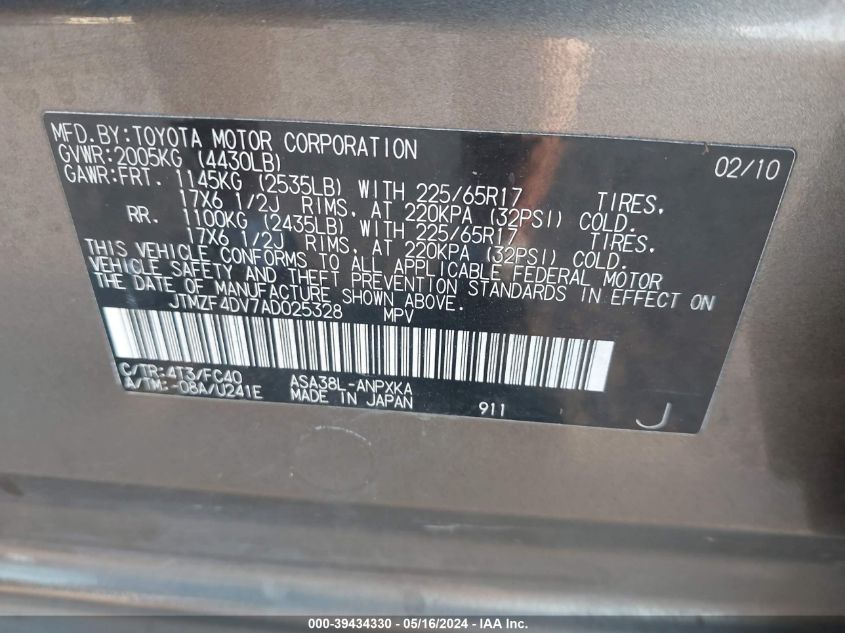 2010 Toyota Rav4 VIN: JTMZF4DV7AD025328 Lot: 39434330