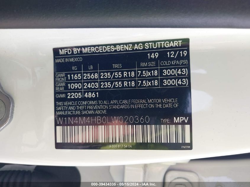 2020 Mercedes-Benz Glb 250 4Matic VIN: W1N4M4HB0LW020360 Lot: 39434335