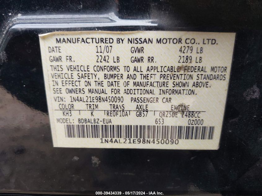 2008 Nissan Altima 2.5 S VIN: 1N4AL21E98N450090 Lot: 39434339