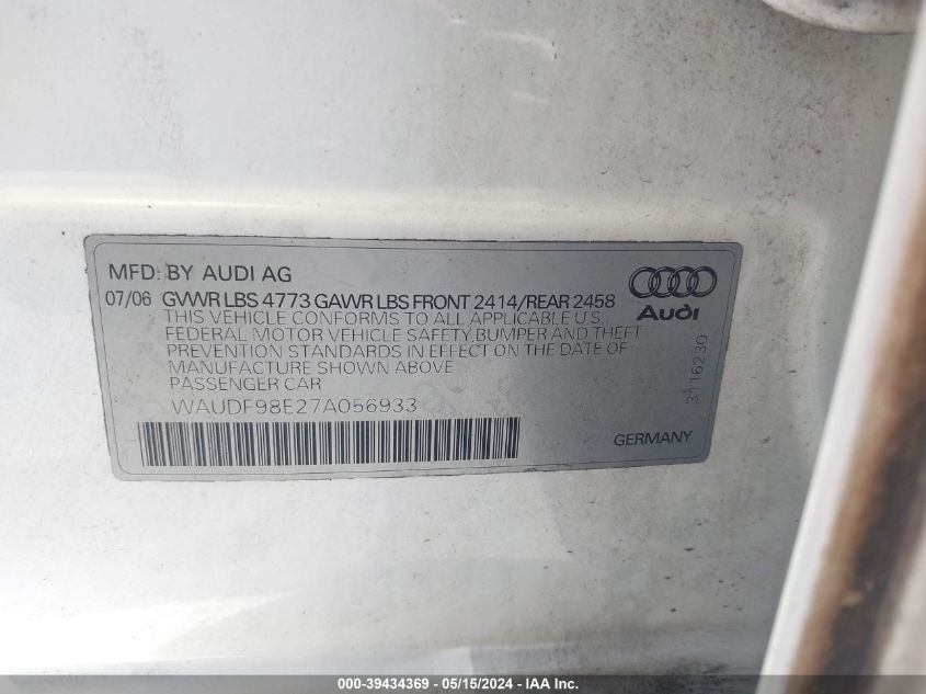 2007 Audi A4 2.0T VIN: WAUDF98E27A056933 Lot: 39434369