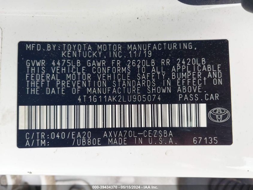 2020 Toyota Camry Se VIN: 4T1G11AK2LU905074 Lot: 39434370