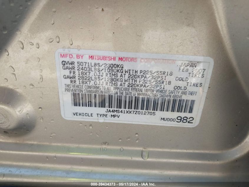 2007 Mitsubishi Outlander Xls VIN: JA4MS41XX7Z012705 Lot: 39434373