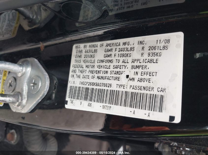 2009 Honda Accord 2.4 Ex-L VIN: 1HGCP268X9A076626 Lot: 39434389