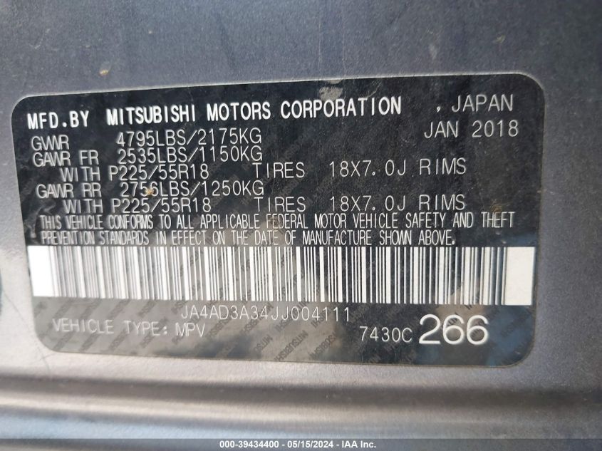 2018 Mitsubishi Outlander Se VIN: JA4AD3A34JJ004111 Lot: 39434400