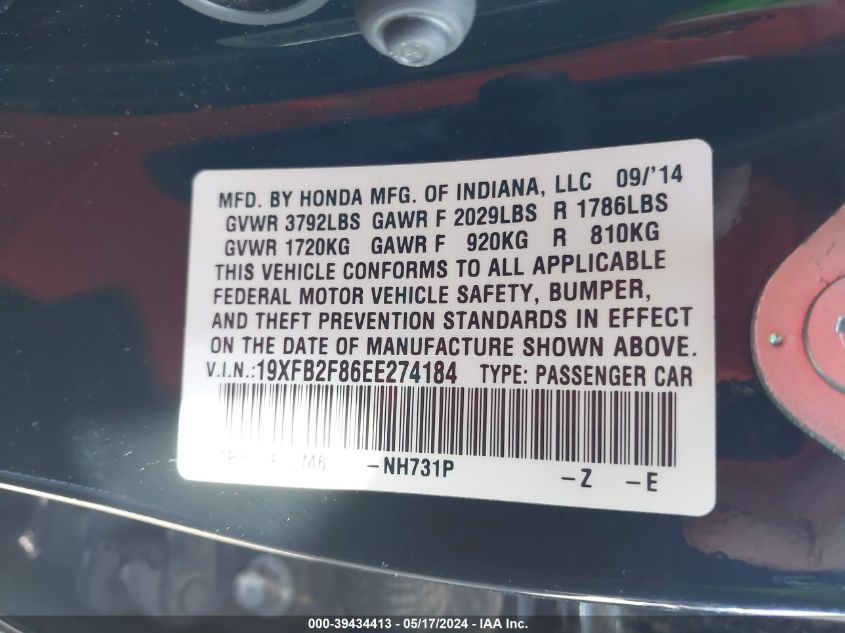 2014 Honda Civic Ex VIN: 19XFB2F86EE274184 Lot: 39434413