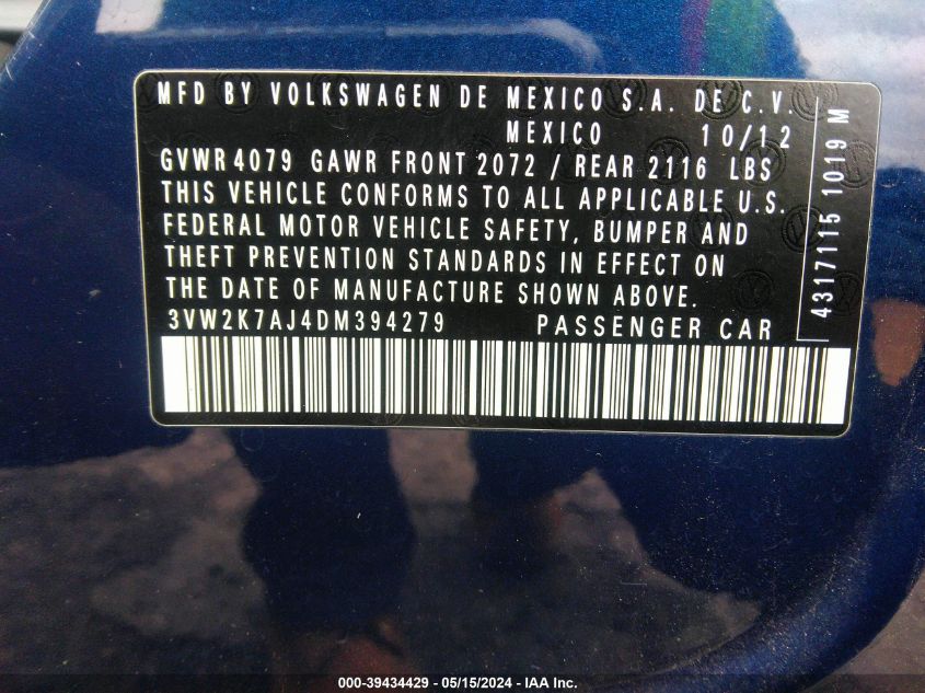 2013 Volkswagen Jetta 2.0L S VIN: 3VW2K7AJ4DM394279 Lot: 39434429