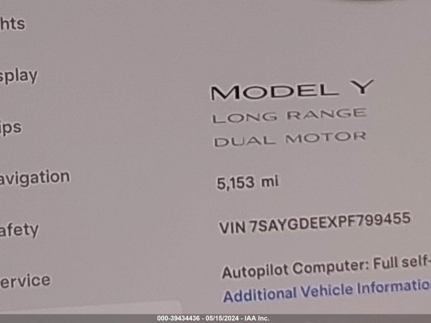 2023 Tesla Model Y Awd/Long Range Dual Motor All-Wheel Drive VIN: 7SAYGDEEXPF799455 Lot: 39434436