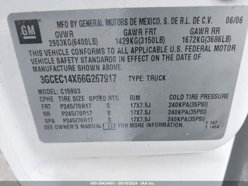 2006 Chevrolet Silverado 1500 Work Truck VIN: 3GCEC14X66G267917 Lot: 39434451
