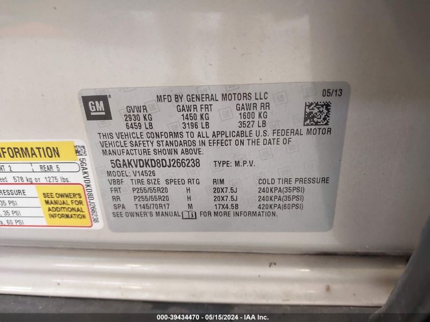 2013 Buick Enclave Premium VIN: 5GAKVDKD8DJ266238 Lot: 39434470