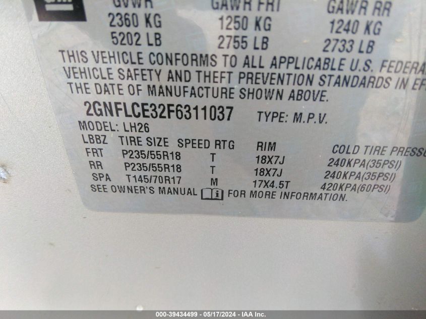 2015 Chevrolet Equinox 2Lt VIN: 2GNFLCE32F6311037 Lot: 39434499