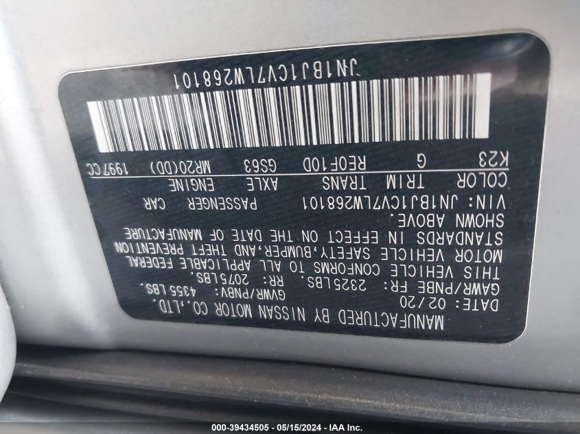 2020 Nissan Rogue Sport S Fwd Xtronic Cvt VIN: JN1BJ1CV7LW268101 Lot: 39434505