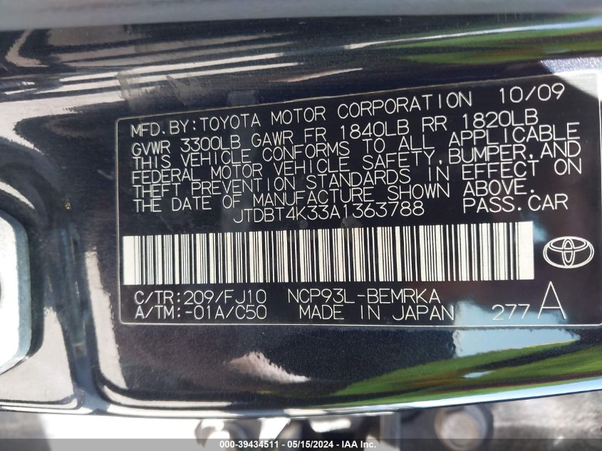 2010 Toyota Yaris VIN: JTDBT4K33A1363788 Lot: 39434511