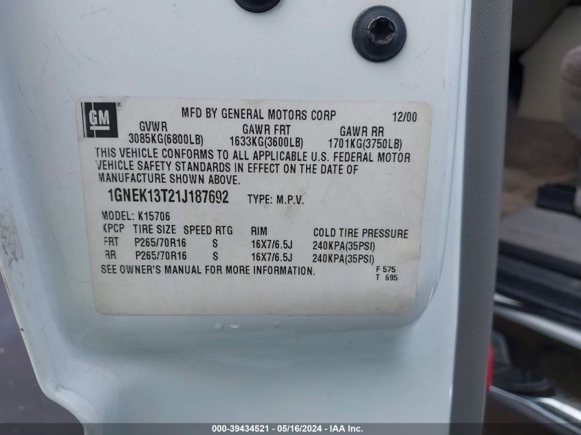 2001 Chevrolet Tahoe Ls VIN: 1GNEK13T21J187692 Lot: 39434521