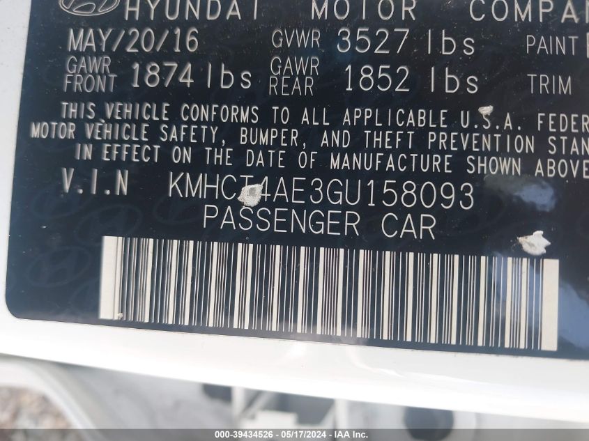 2016 Hyundai Accent Se VIN: KMHCT4AE3GU158093 Lot: 39434526