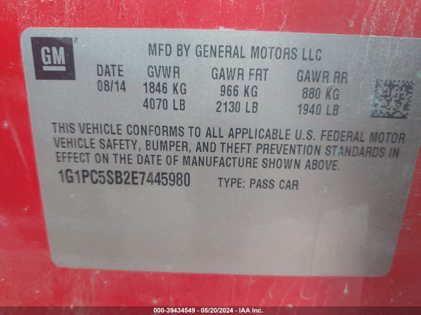 2014 Chevrolet Cruze 1Lt Auto VIN: 1G1PC5SB2E7445980 Lot: 39434549