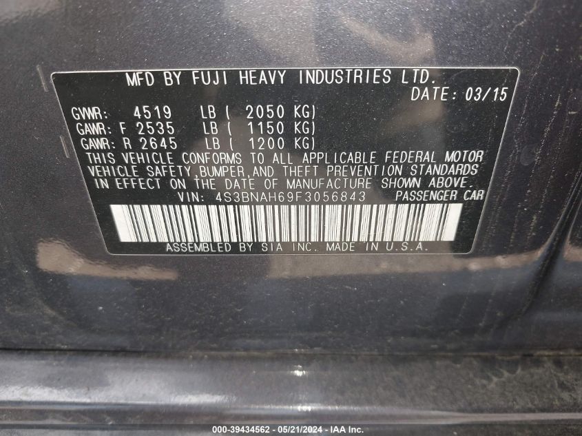 2015 Subaru Legacy 2.5I Premium VIN: 4S3BNAH69F3056843 Lot: 39434562