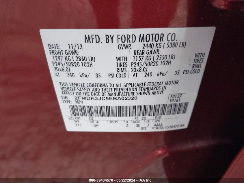 2014 Ford Edge Sel VIN: 2FMDK3JC5EBA02320 Lot: 39434570