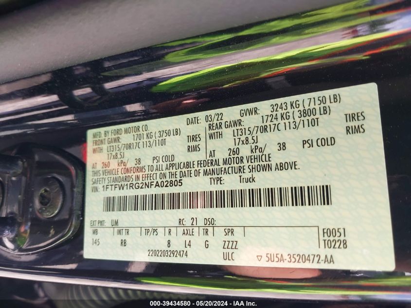 2022 Ford F-150 Raptor VIN: 1FTFW1RG2NFA02805 Lot: 39434580