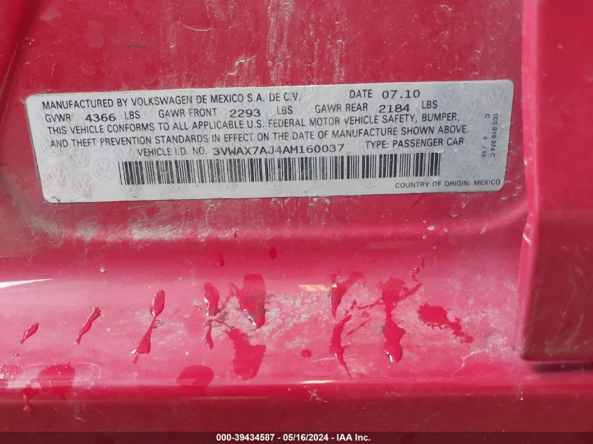 2010 Volkswagen Jetta Limited Edition VIN: 3VWAX7AJ4AM160037 Lot: 39434587