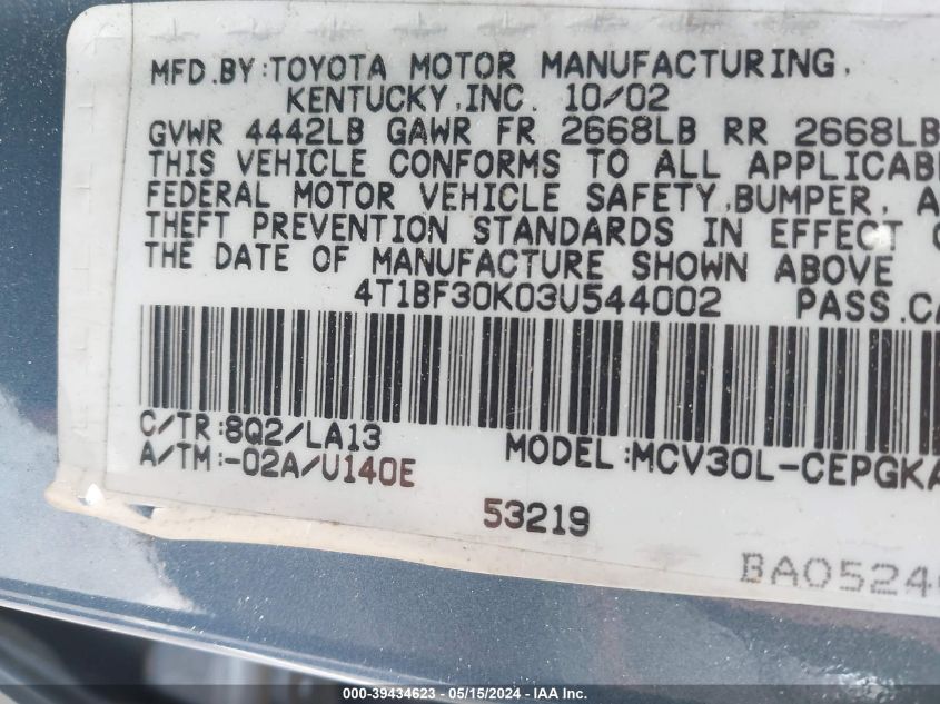 2003 Toyota Camry Xle V6 VIN: 4T1BF30K03U544002 Lot: 39434623