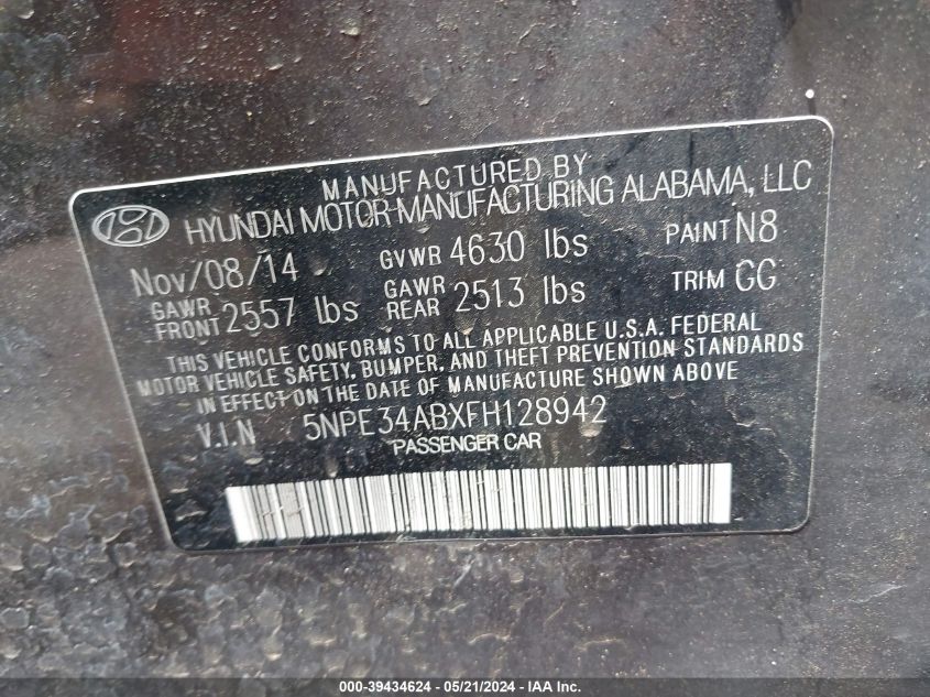 2015 Hyundai Sonata Limited 2.0T VIN: 5NPE34ABXFH128942 Lot: 39434624