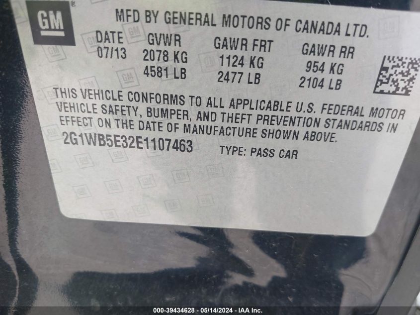 2014 Chevrolet Impala Limited Lt VIN: 2G1WB5E32E1107463 Lot: 39434628