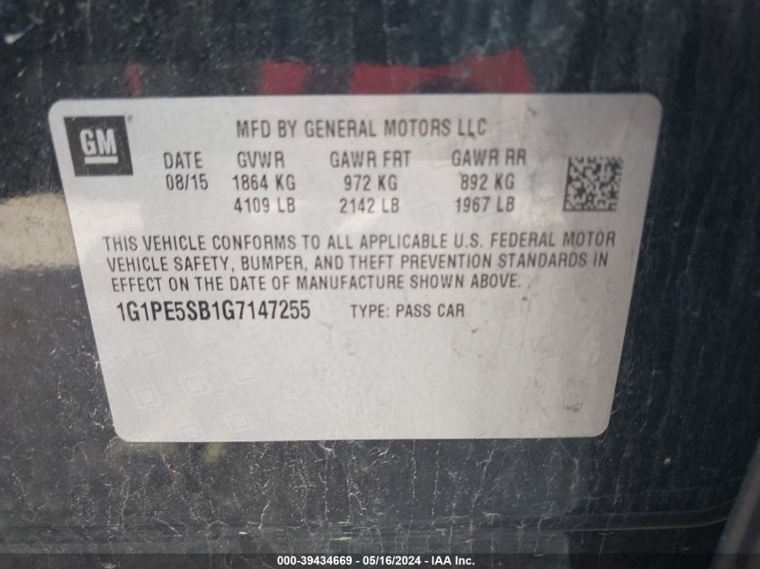 2016 Chevrolet Cruze Limited 1Lt Auto VIN: 1G1PE5SB1G7147255 Lot: 39434669