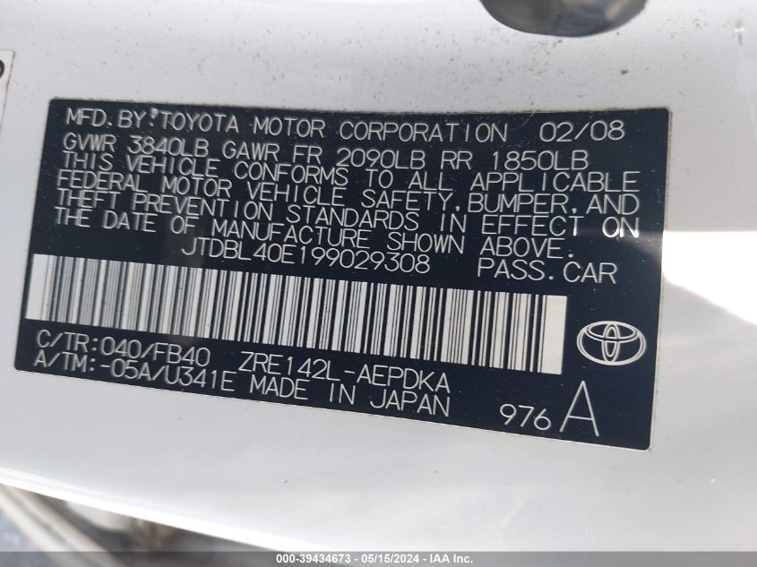 2009 Toyota Corolla Le VIN: JTDBL40E199029308 Lot: 39434673