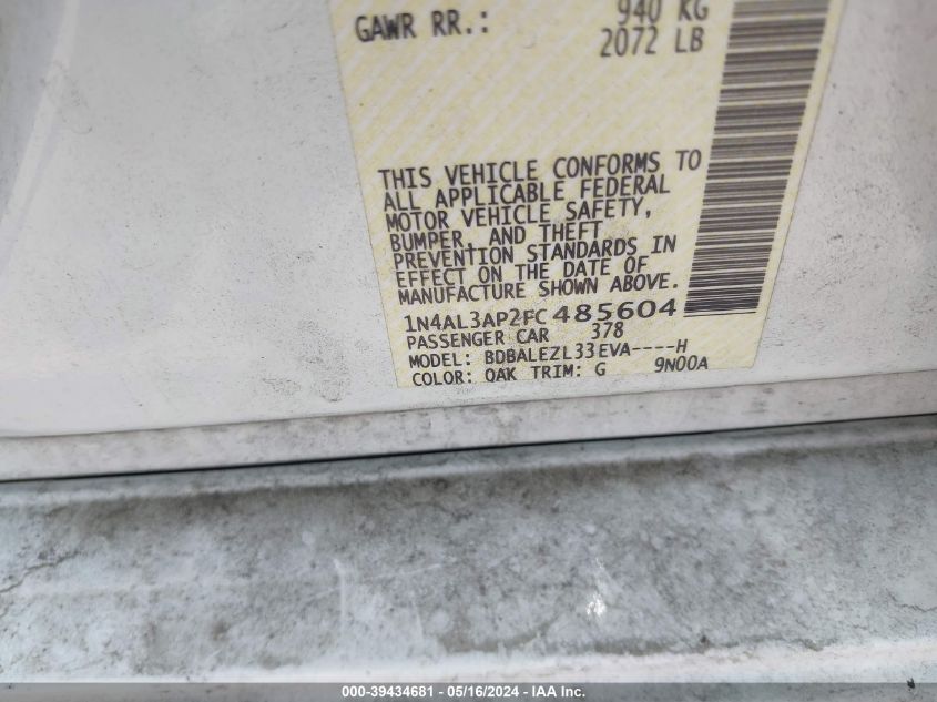 2015 Nissan Altima 2.5 S VIN: 1N4AL3AP2FC485604 Lot: 39434681