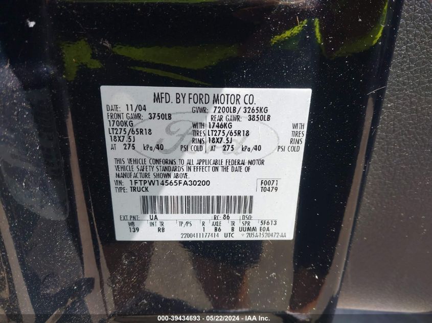 2005 Ford F-150 Fx4/Lariat/Xlt VIN: 1FTPW14565FA30200 Lot: 39434693