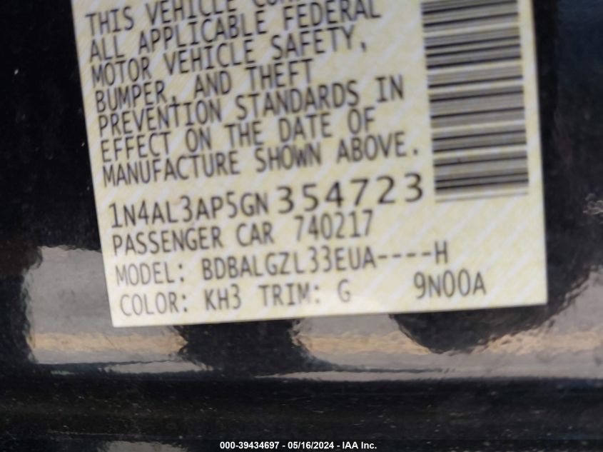 2016 Nissan Altima 2.5 S VIN: 1N4AL3AP5GN354723 Lot: 39434697