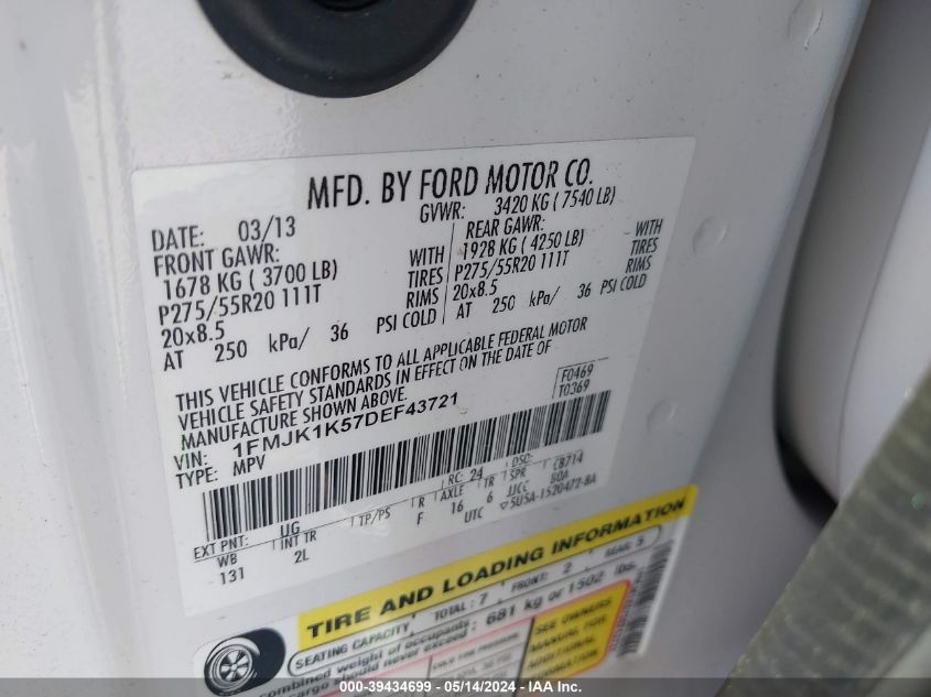 2013 Ford Expedition El Limited VIN: 1FMJK1K57DEF43721 Lot: 39434699