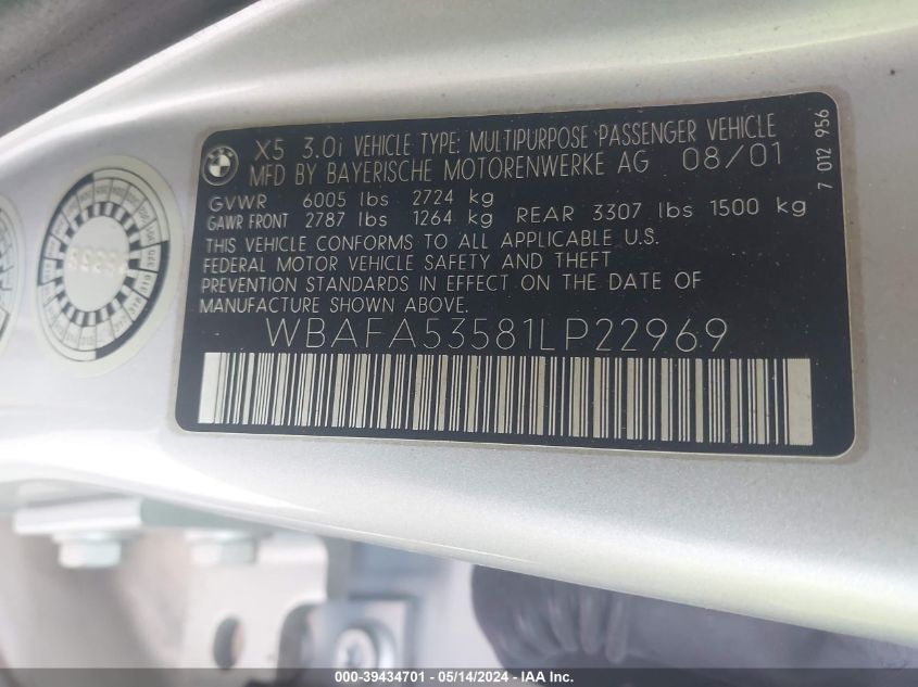2001 BMW X5 3.0 VIN: WBAFA53581LP22969 Lot: 39434701