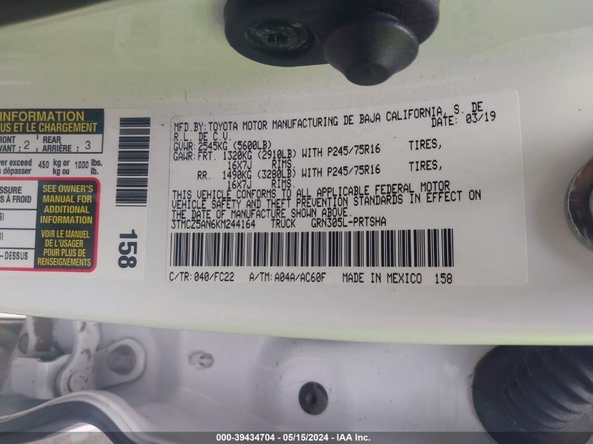 2019 Toyota Tacoma Sr5 V6 VIN: 3TMCZ5AN6KM244164 Lot: 39434704