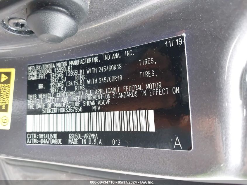 2019 Toyota Highlander Xle VIN: 5TDKZRFHXKS367956 Lot: 39434710