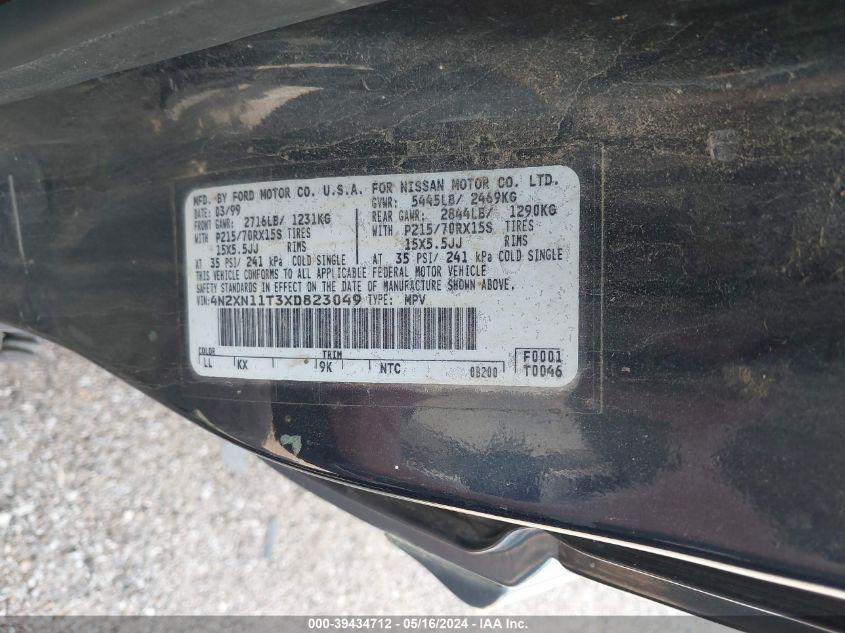 1999 Nissan Quest Gle/Gxe/Se VIN: 4N2XN11T3XD823049 Lot: 39434712