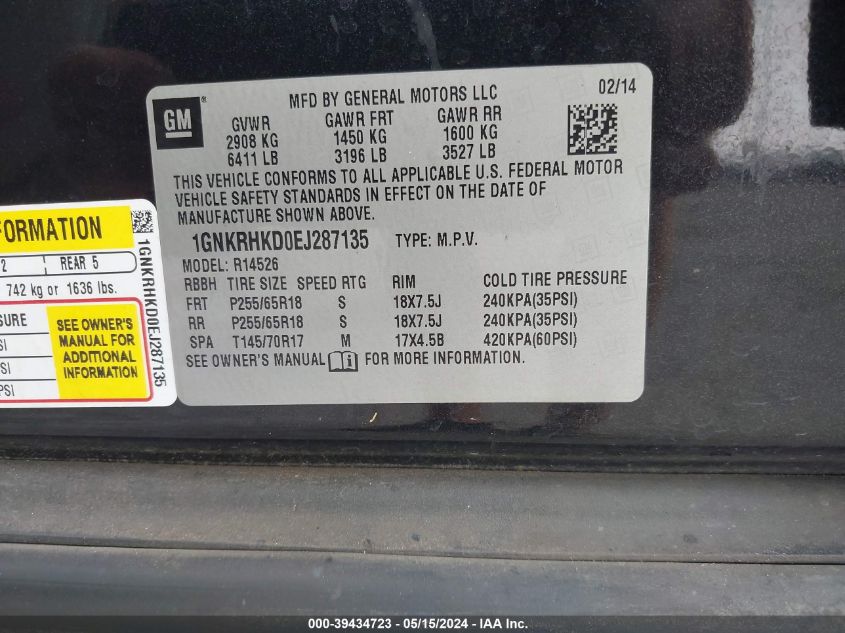 2014 Chevrolet Traverse 2Lt VIN: 1GNKRHKD0EJ287135 Lot: 39434723