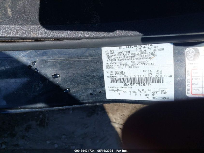 2007 Ford Fusion Se VIN: 3FAHP07197R238622 Lot: 39434734