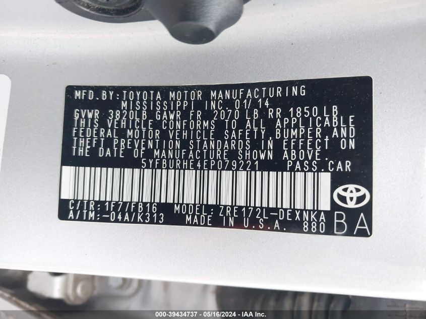 2014 Toyota Corolla Le VIN: 5YFBURHE4EP079221 Lot: 39434737