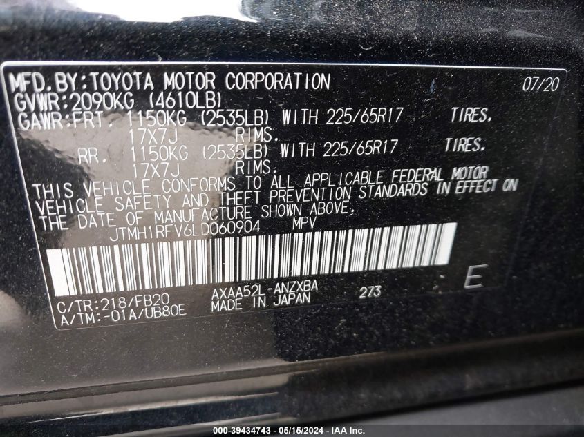 2020 Toyota Rav4 Le VIN: JTMH1RFV6LD060904 Lot: 39434743