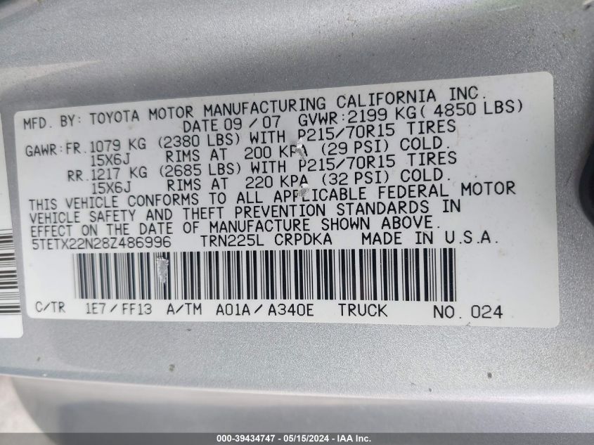 2008 Toyota Tacoma VIN: 5TETX22N28Z486996 Lot: 39434747