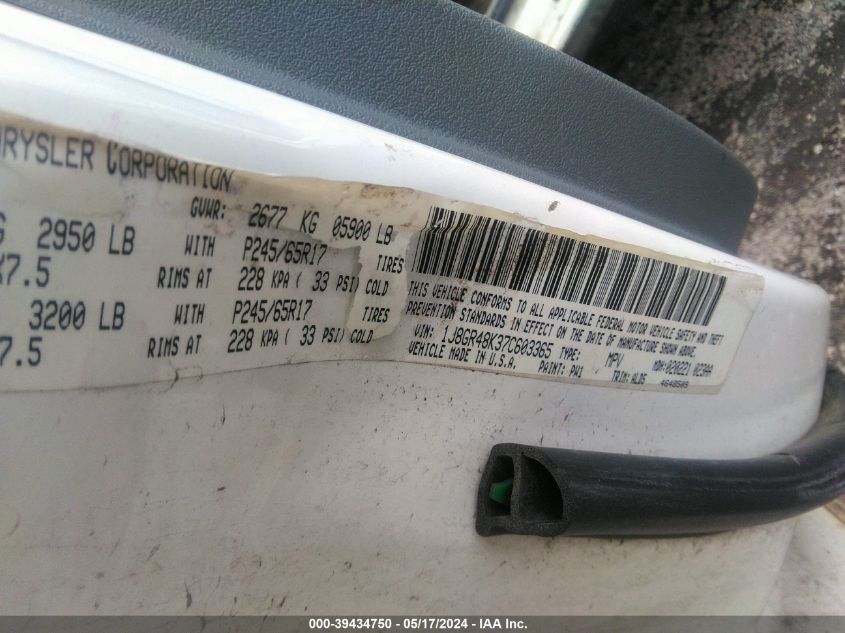 2007 Jeep Grand Cherokee Laredo VIN: 1J8GR48K37C603365 Lot: 39434750