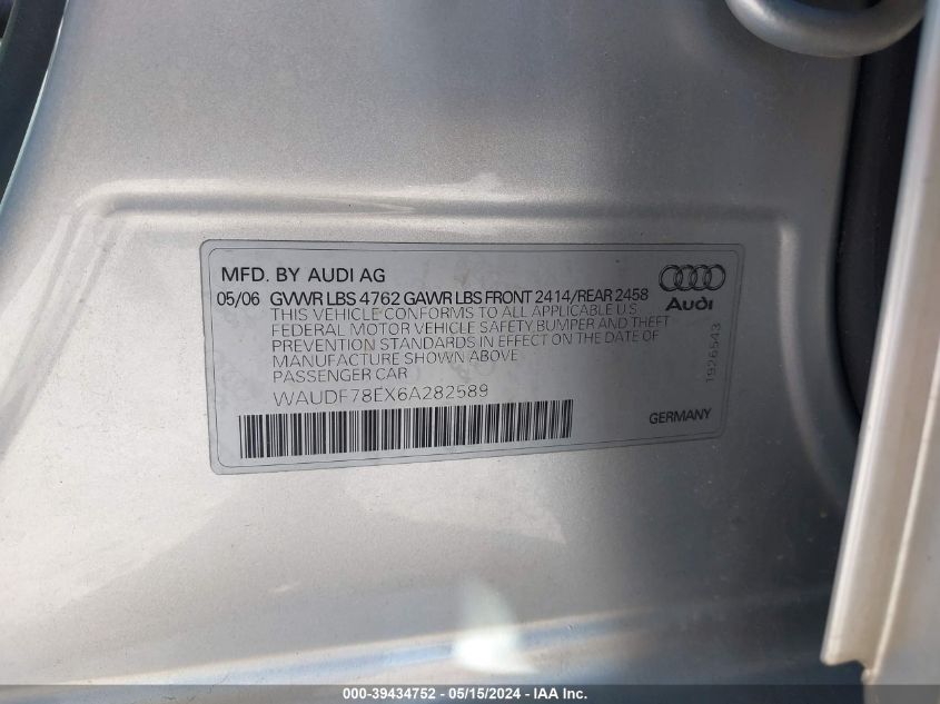 2006 Audi A4 2.0T VIN: WAUDF78EX6A282589 Lot: 39434752