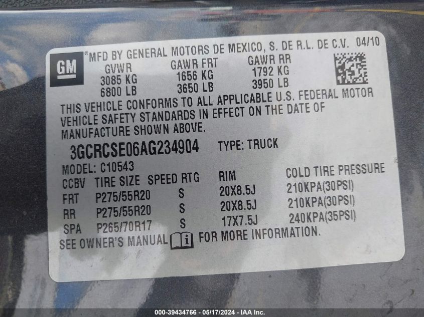 2010 Chevrolet Silverado 1500 Lt VIN: 3GCRCSE06AG234904 Lot: 39434766