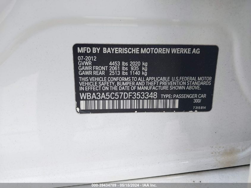 2013 BMW 328I VIN: WBA3A5C57DF353348 Lot: 39434789